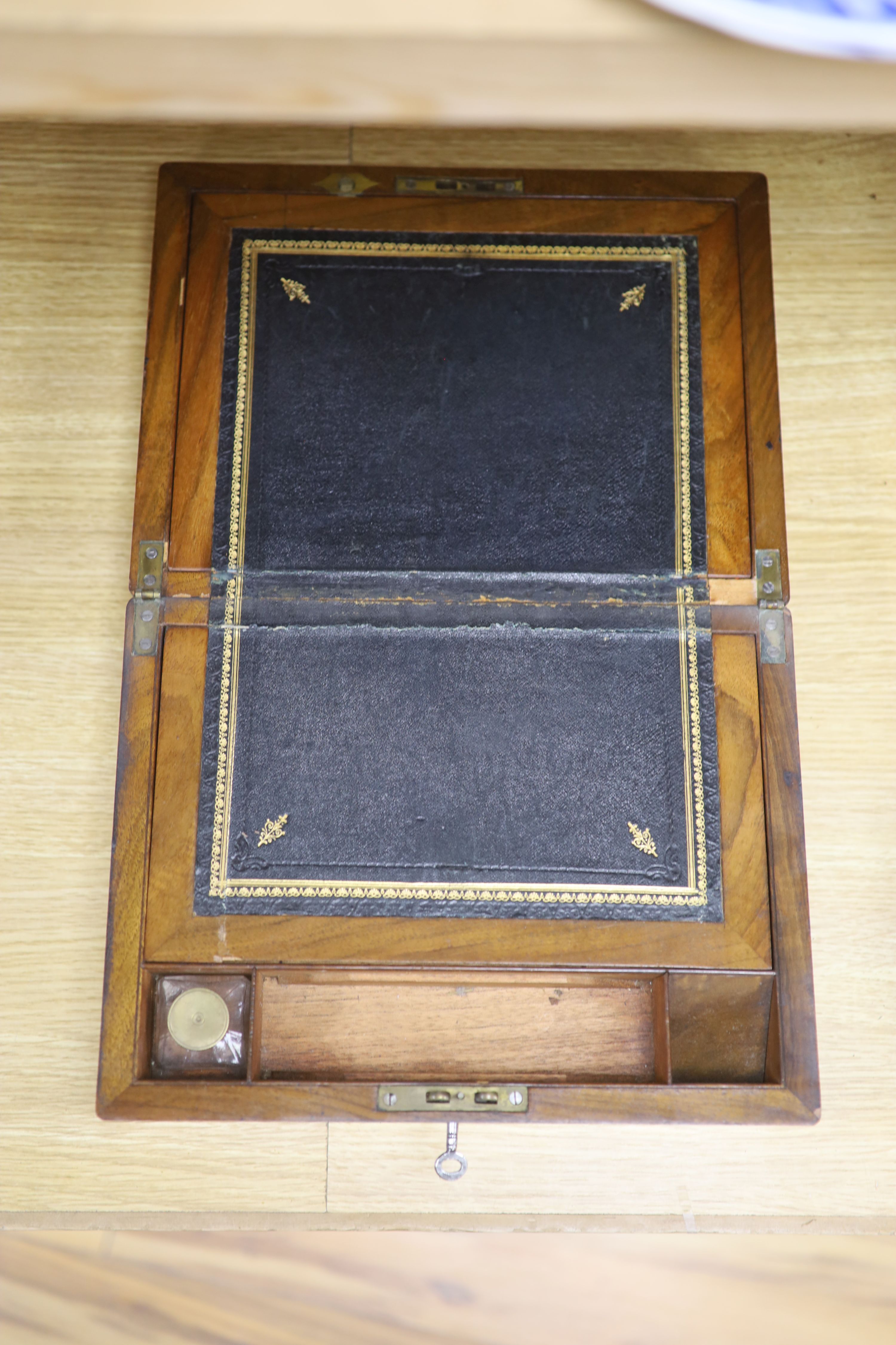 An Edwardian mahogany and marquetry kidney tray, length 61cm, and a Victorian walnut writing box